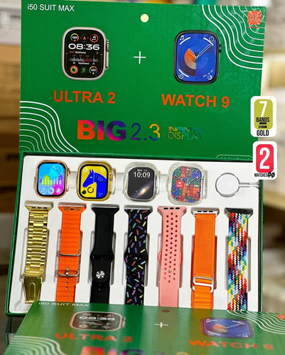 I50 Ultra 2 Suit Max Watch 9 Dual Smart Watches 11 in 1 ( 2 Smartwatches + 7 Straps + 2 Silicone Case ) Big Display New Fashion